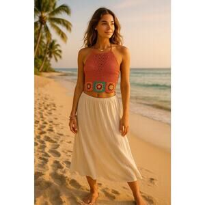 GRANNY SQUARE Knit Crochet Crop Top Boho Hippie Retro Beach Summer Size M/L